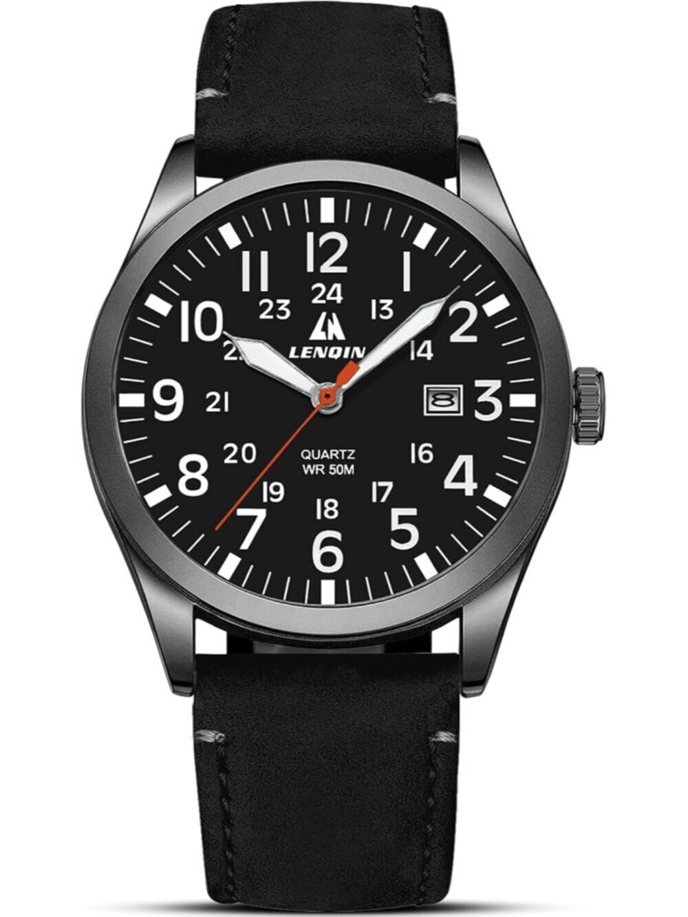 LN LENQIN Men's Black Military Analog Quartz Waterproof Wrist Leather Band Watch